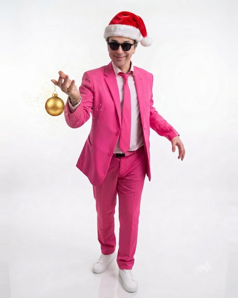 Monsieur Sucre en bonnet de Noël fait apparaître une boule dorée