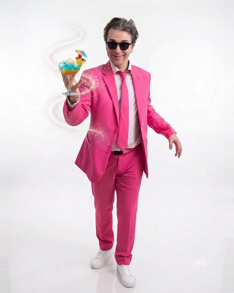 Monsieur Sucre fait apparaître un cocktail coloré lors d'une soirée privée