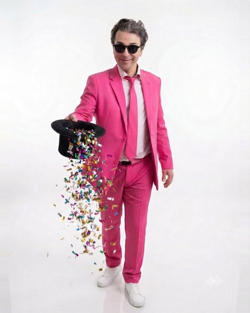 Monsieur Sucre fait tomber des confettis de son chapeau magique