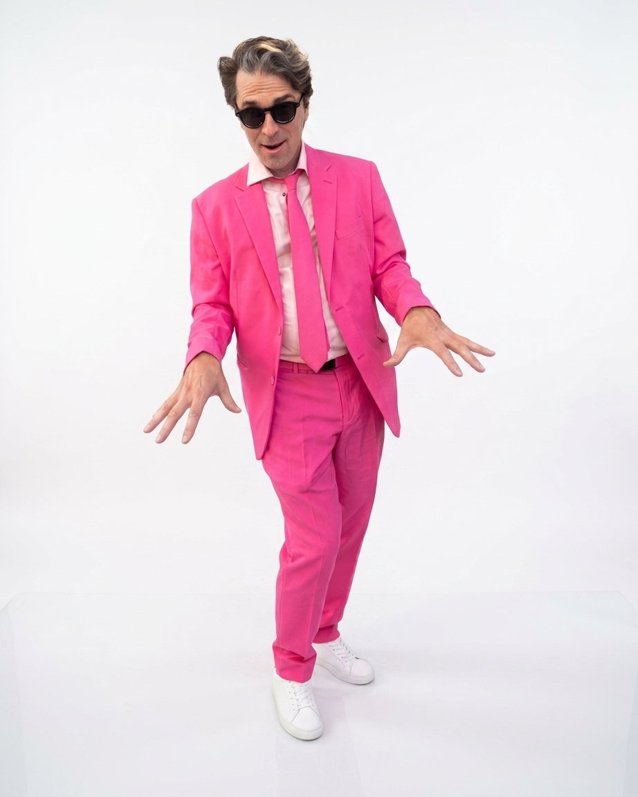 Monsieur Sucre en costume rose, les deux mains ouvertes